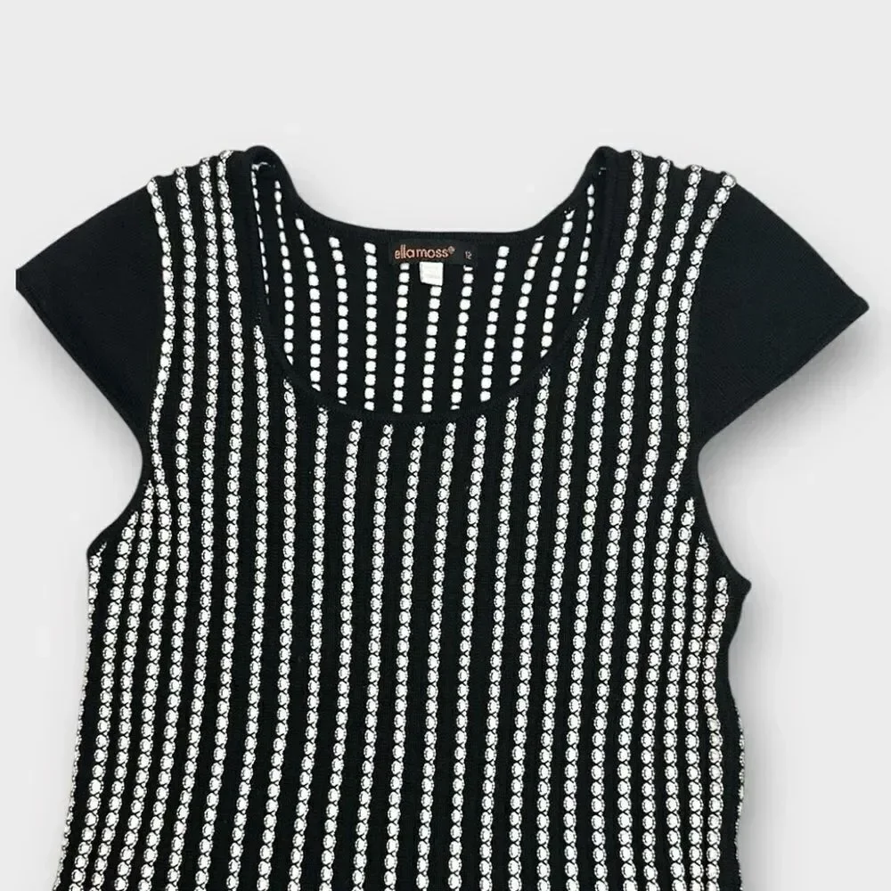 Ella Moss Summer Knit Dress Fit & Flare Black White Cotton Girl’s sz 12 Slim Fit